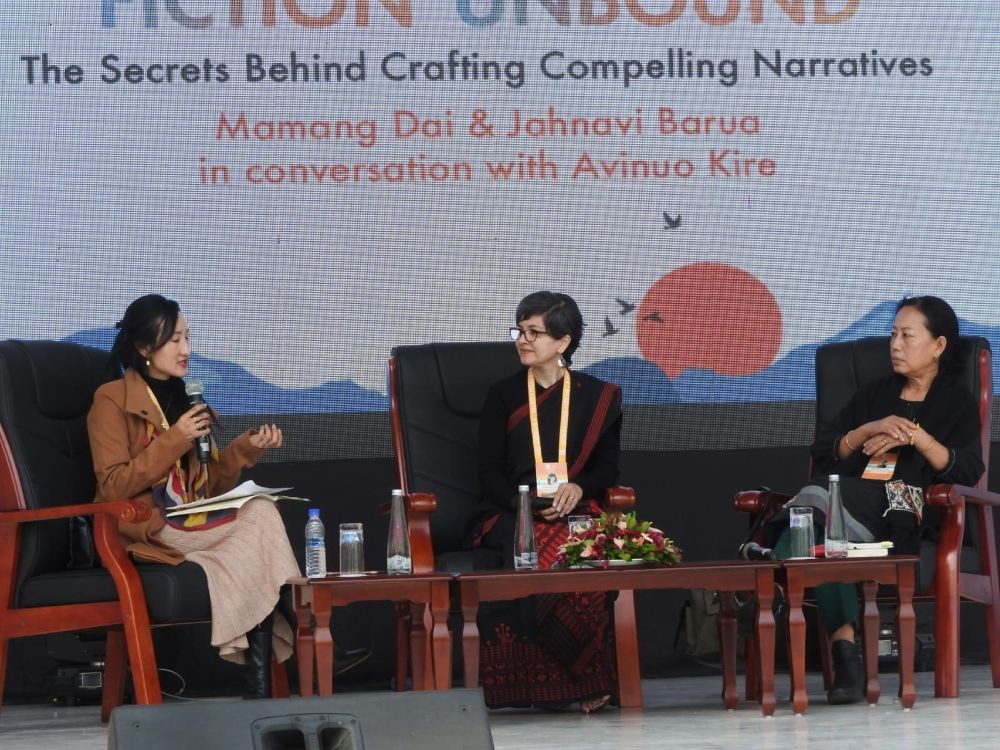 Avinuo Kire in conversation with Mamang Dai and Jahnavi Barua during 'The White Owl Literature Festival & Book Fair' which began on February 9, at The Plaza Zone, Niathu by The Park in Chümoukedima. (Morung Photo)